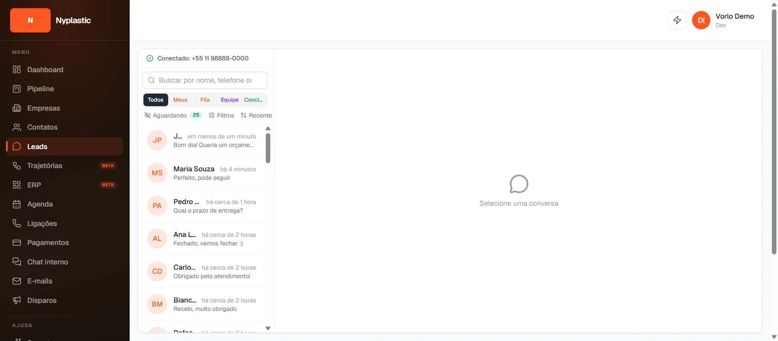Leads e WhatsApp do CRM Vorlo