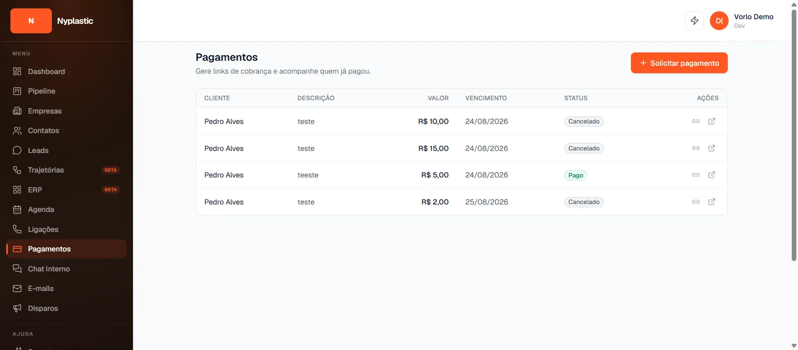 Pagamentos do CRM Vorlo