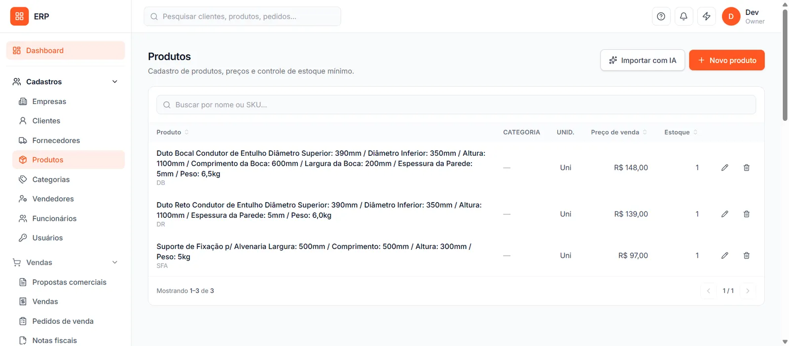 Cadastro de produtos do ERP Vorlo